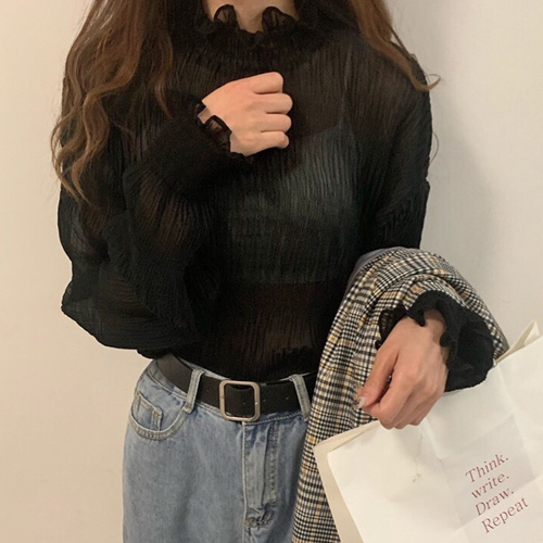 SSH-223  여성 2컬러 여리핏 프릴 하이넥 블라우스 